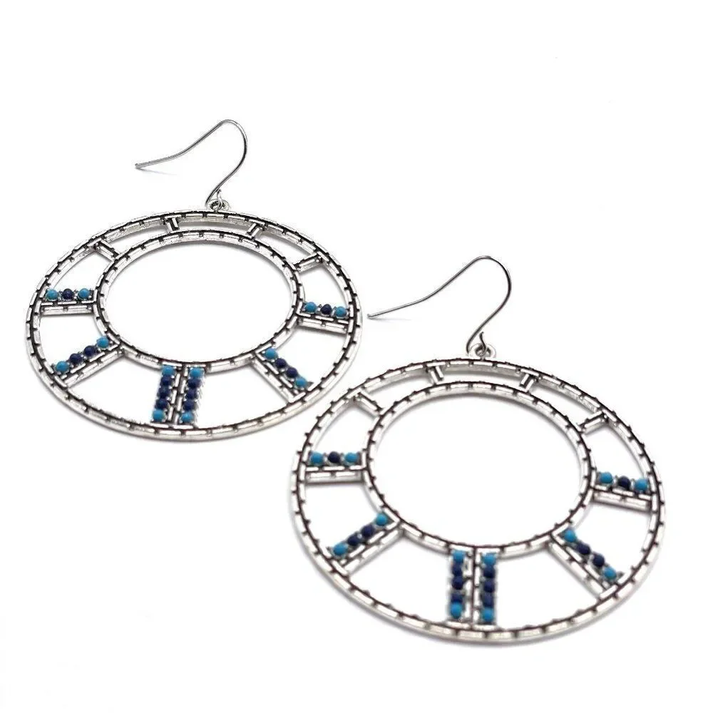 Silver with Navy and Turquoise Oil Drip Boho Open Round Hoop Earrings